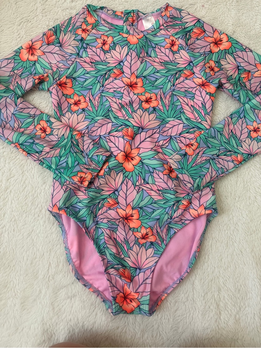Cat & Jack Girls Floral Hawaiian Print Long Sleeve One Piece Swimsuit Sz L 10/12